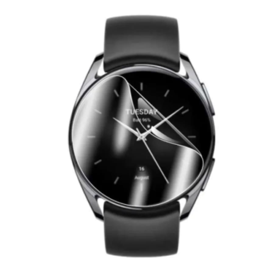 Hydrogel screen protector for Xiaomi Watch S2 42mm, pack of 6, showing the clear, flexible watch case and protector on the device.