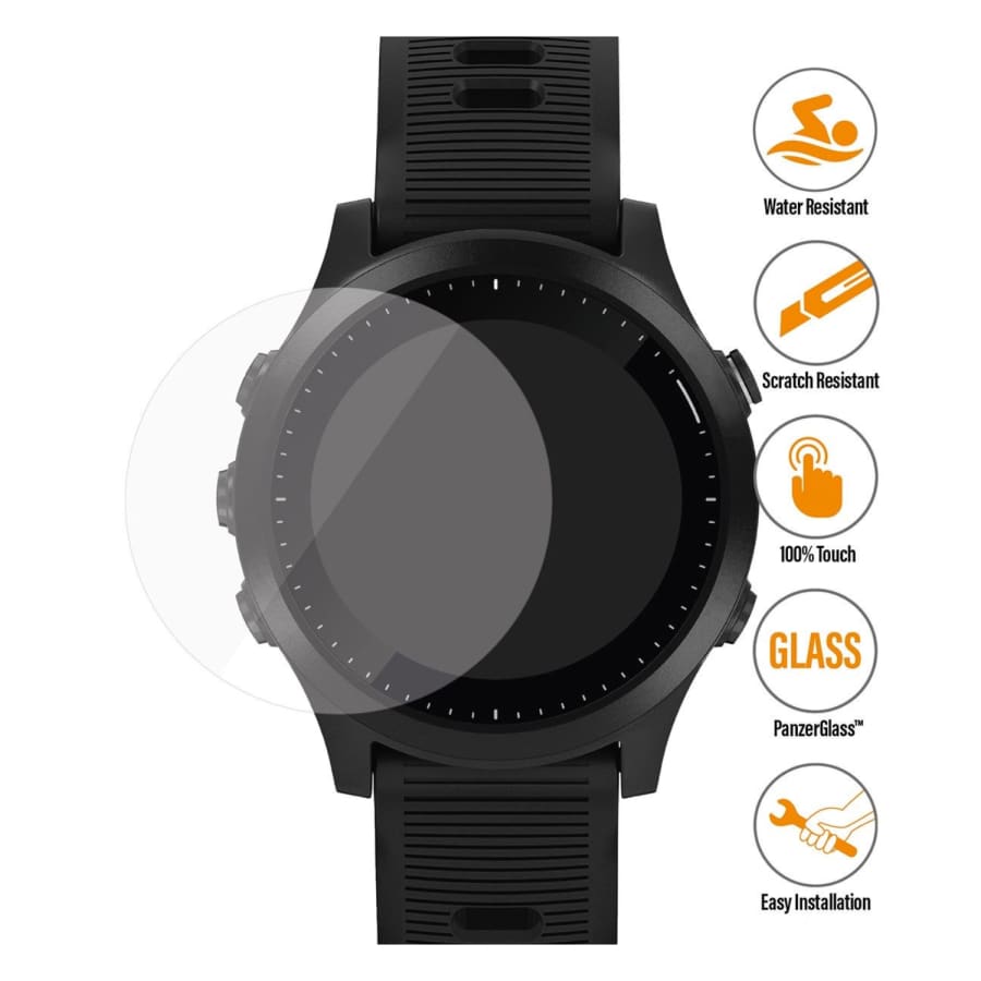 Garmin Forerunner 645 Series watch screen protector by That Watch Shop, clear protective film over the watch face.