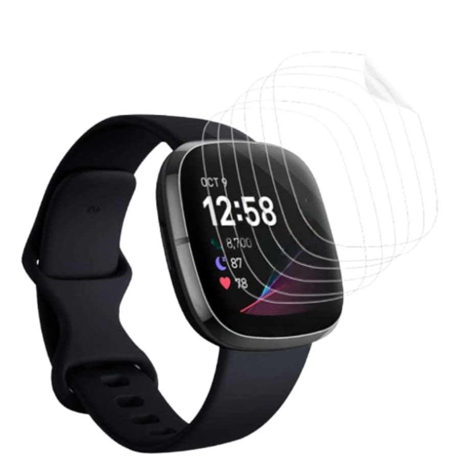 Six hydrogel screen protectors for Fitbit Sense smartwatch, flexible and clear protective covers by That Watch Shop.