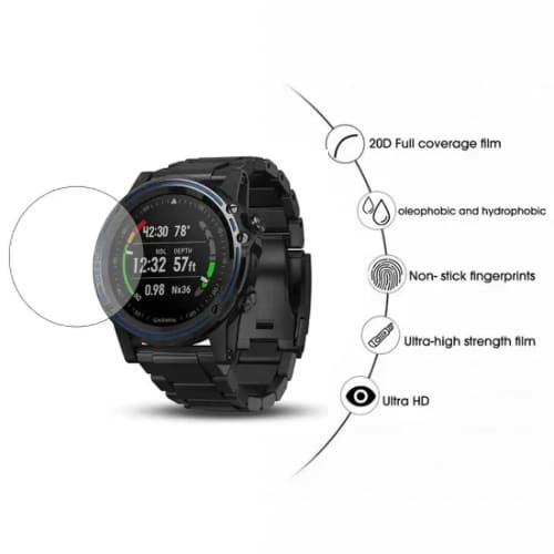 Pair of Garmin Descent Mk1 watch screen protectors by That Watch Shop, clear protective film for smartwatch display.