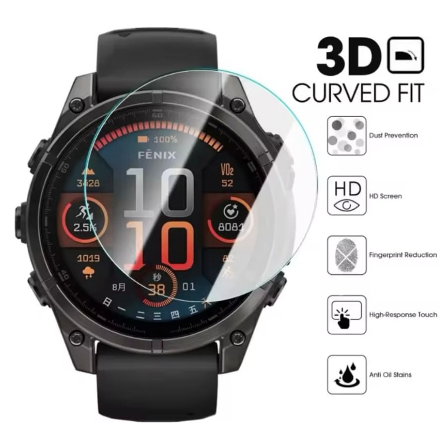 Garmin fenix 8 43mm series watch screen protector by That Watch Shop, clear protective film over smartwatch display.