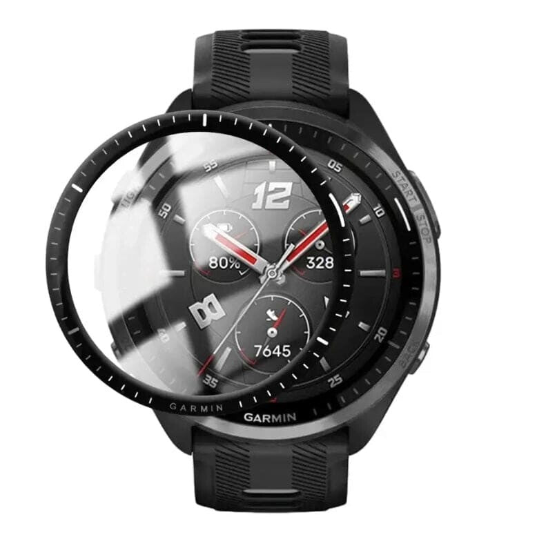 Pair of Garmin Forerunner 965 watch screen protectors by That Watch Shop, clear protective covers for smartwatch screens.