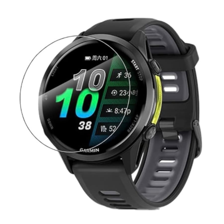 Clear screen protector for Garmin Forerunner 970 watch, providing protection and maintaining display clarity.