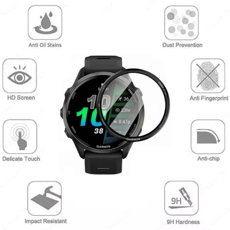 Pair of Garmin Forerunner 970 watch screen protectors by That Watch Shop, clear protective covers for enhanced screen durability.