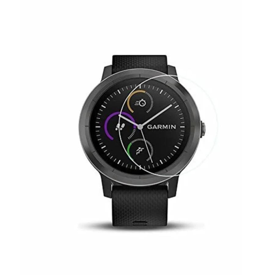 Clear screen protectors for Garmin Vivoactive 3 smartwatch, shown in a pack of two, offering durable protection for the device.