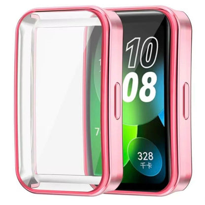 Pink protective case for Huawei Band 10, designed to shield the watch screen from scratches and impacts.