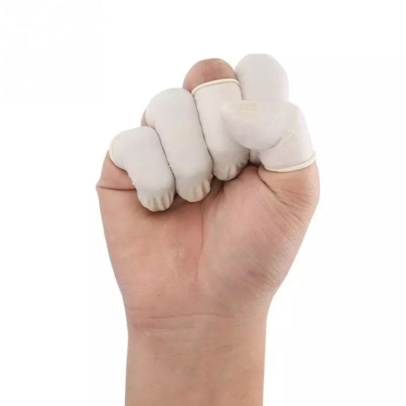 Pair of finger tip gloves for watch tools handling, shown in white, designed for precise watch repairs and assembly.