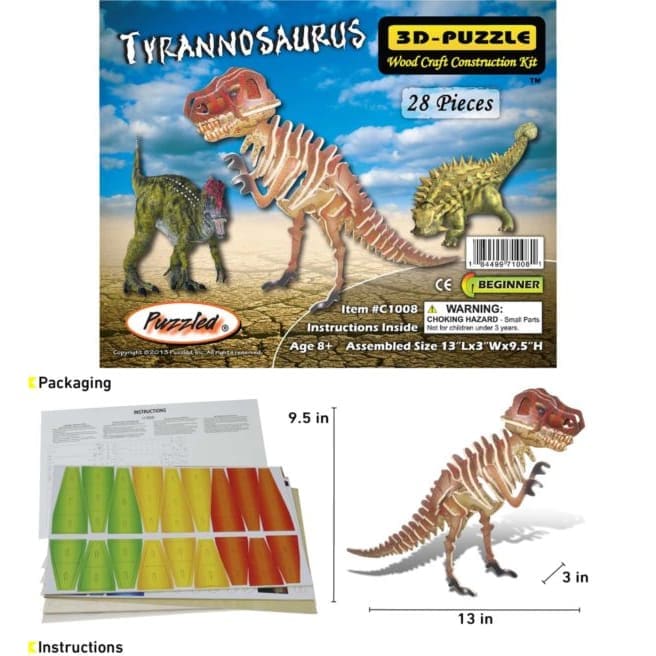 Illuminated Tyrannosaurus 3D puzzle by 9eight5, showcasing a detailed, glowing T-Rex model assembled from the puzzle pieces.
