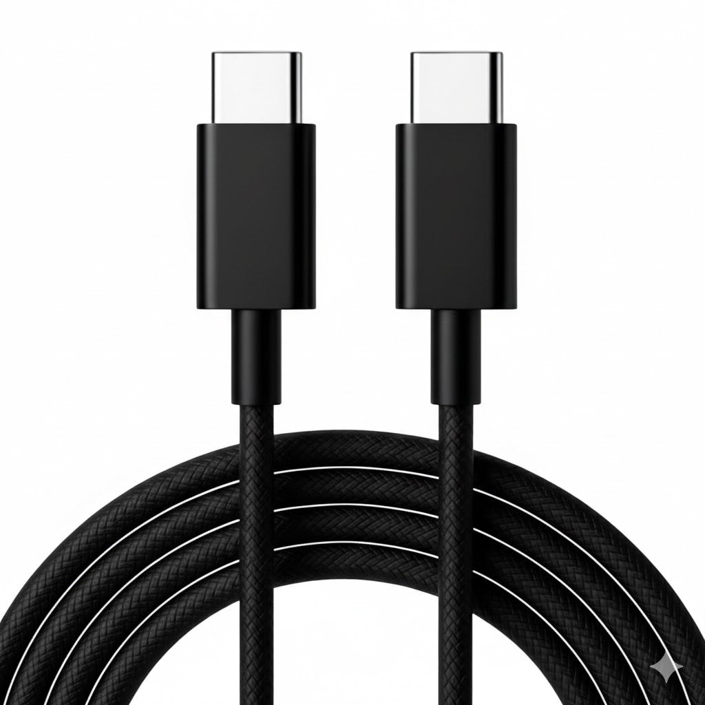 Black 1m USB-C to USB-C charger cable for OnePlus phones by 9eight5, showing the cable connected to a device.