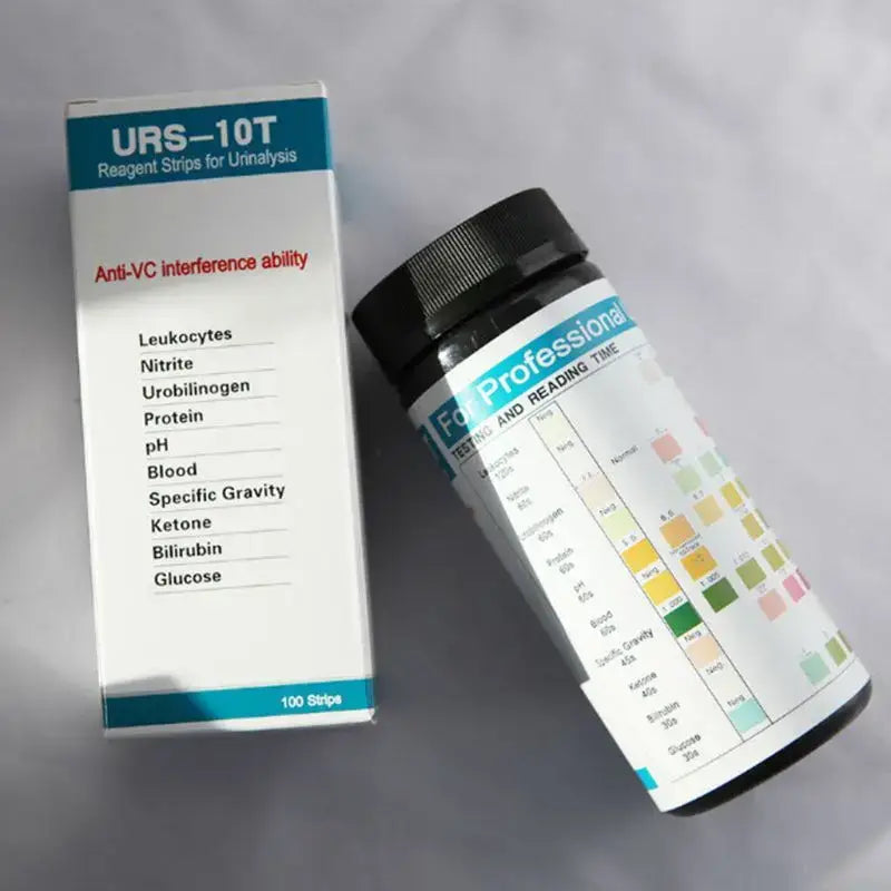 Habicare URS-10T personal health test strips for urinalysis, showing 100 strips with 10 parameters for urine testing.