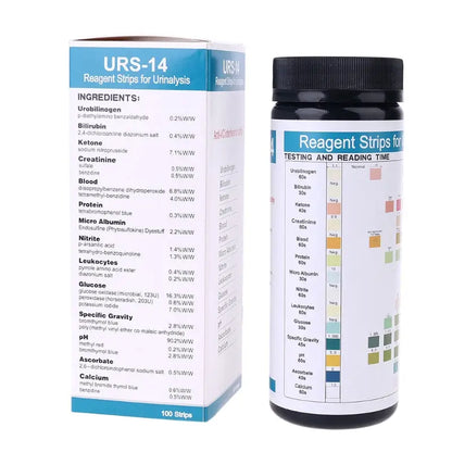 Habicare URS-14 personal health test strips for urinalysis, showing a pack of 100 urine reagent test paper strips.