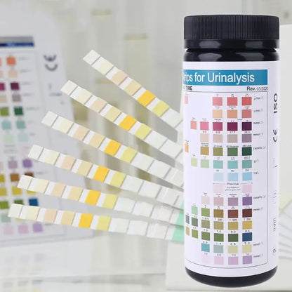 Habicare URS-14 personal health test strips for urinalysis, showing 100 urine reagent test strips for health monitoring.