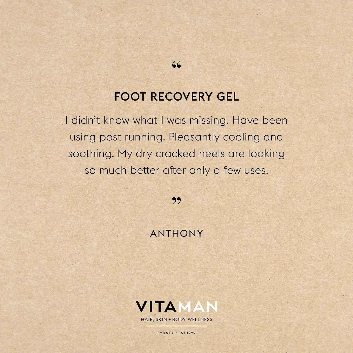 VITAMAN Australia Foot Recovery Gel applied on feet, natural body skincare product for soothing and revitalizing skin.