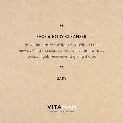 VITAMAN Australia face and body cleanser in a white bottle with a pump dispenser, suitable for facial skin care.