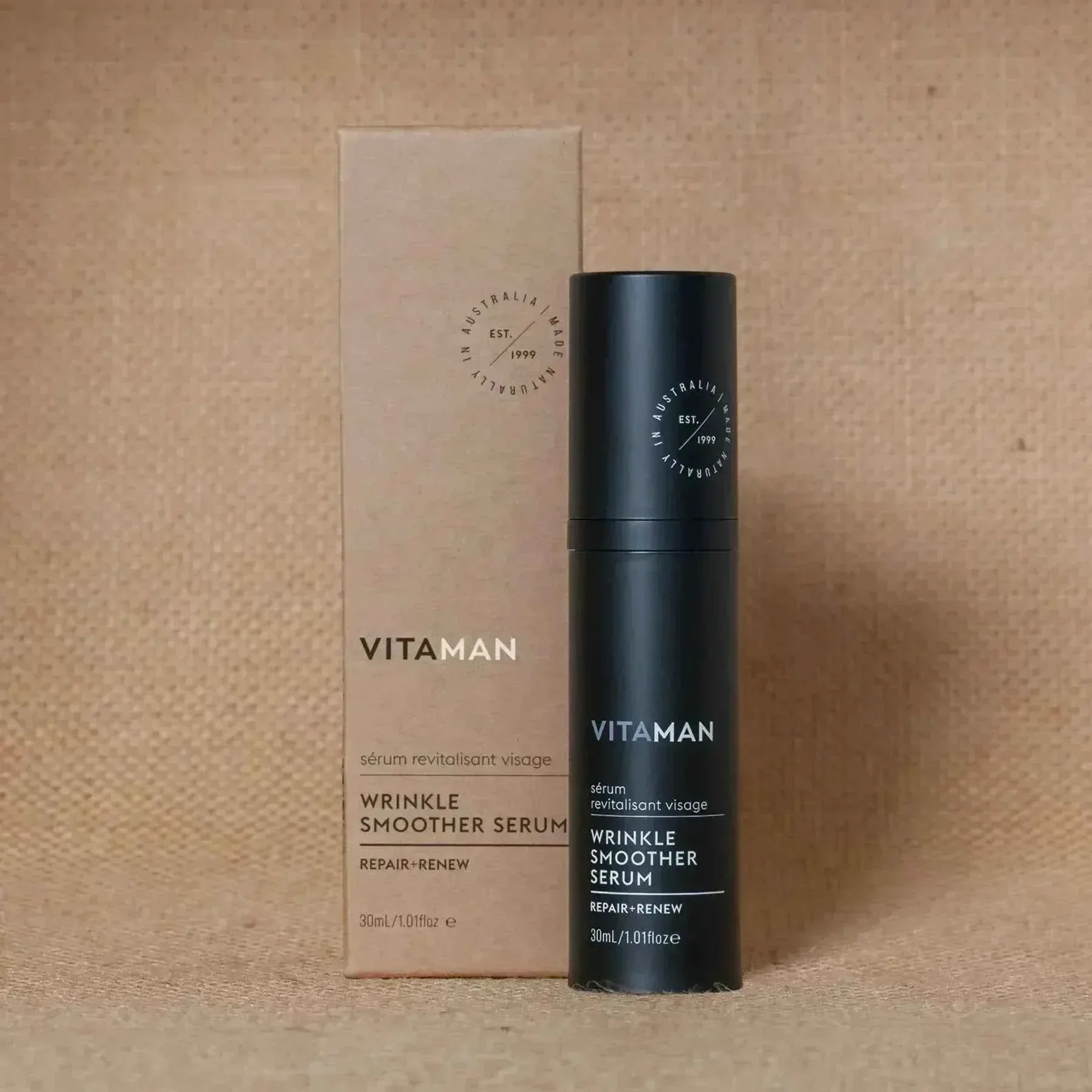 VITAMAN Australia wrinkle smoother serum for face, 30ml bottle with sleek packaging and applicator for reducing fine lines.