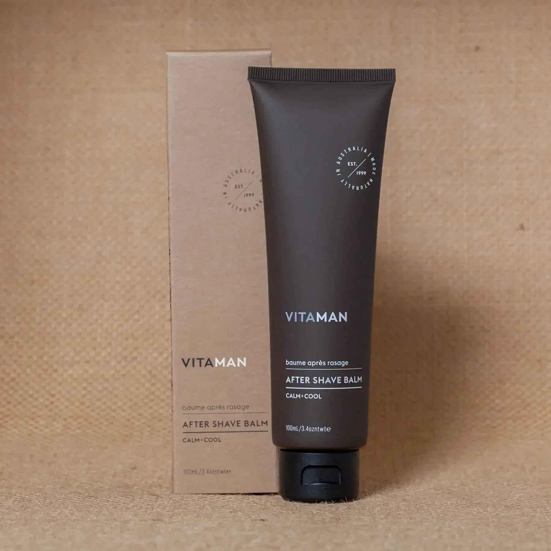 VITAMAN Australia men's after shave balm in a sleek container, part of men's skincare routine for soothing and hydrating skin.