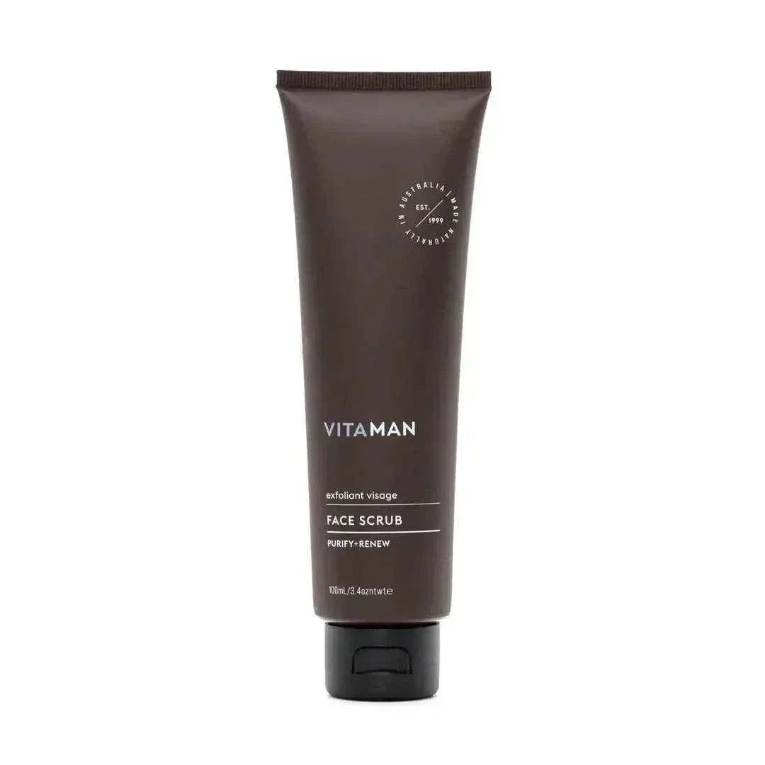 VITAMAN Australia face scrub for skincare, showing a close-up of the product container with the facial exfoliant inside.