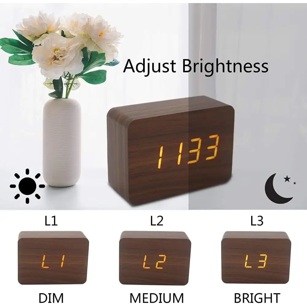 Wooden LED Digital Alarm Clock with Temperature Display & Night Light (4 colours available) Habicare
