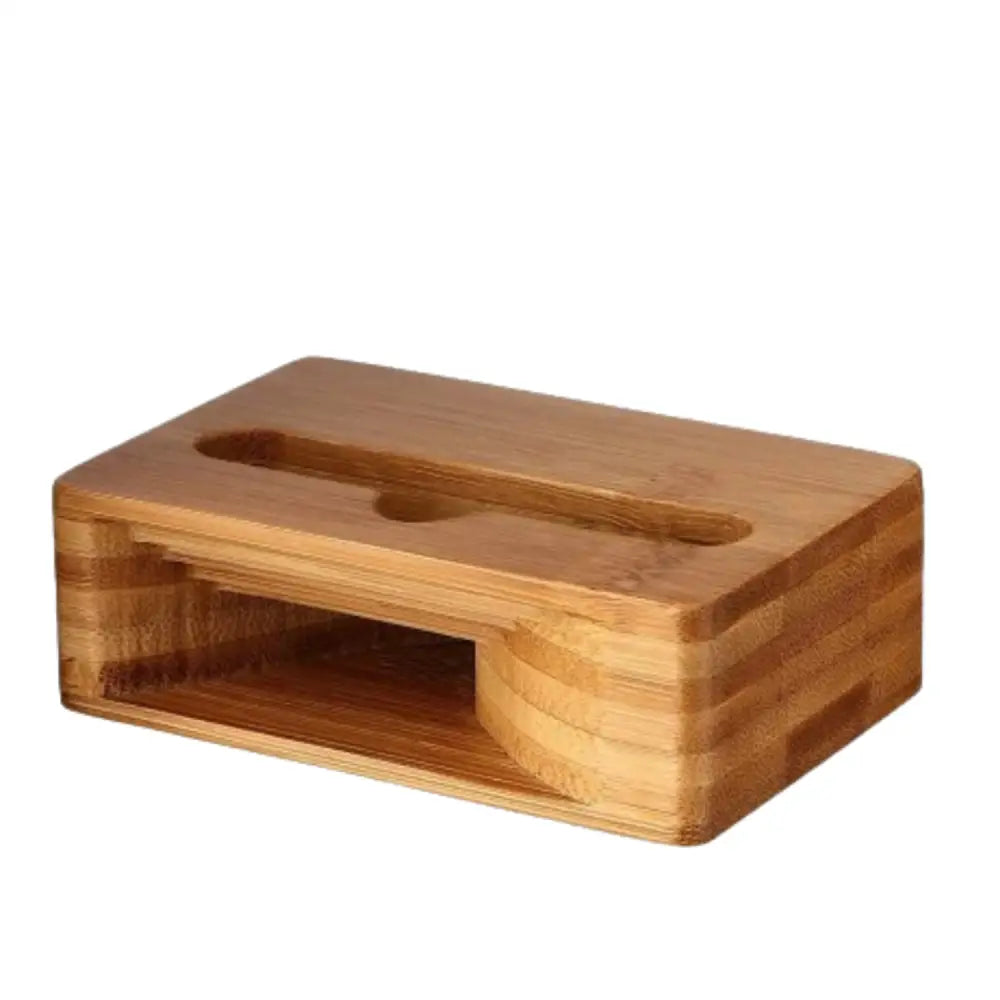 Wooden 9eight5 phone stand with sound amplifier by Habicare, showcasing a natural wooden design and functional phone support.