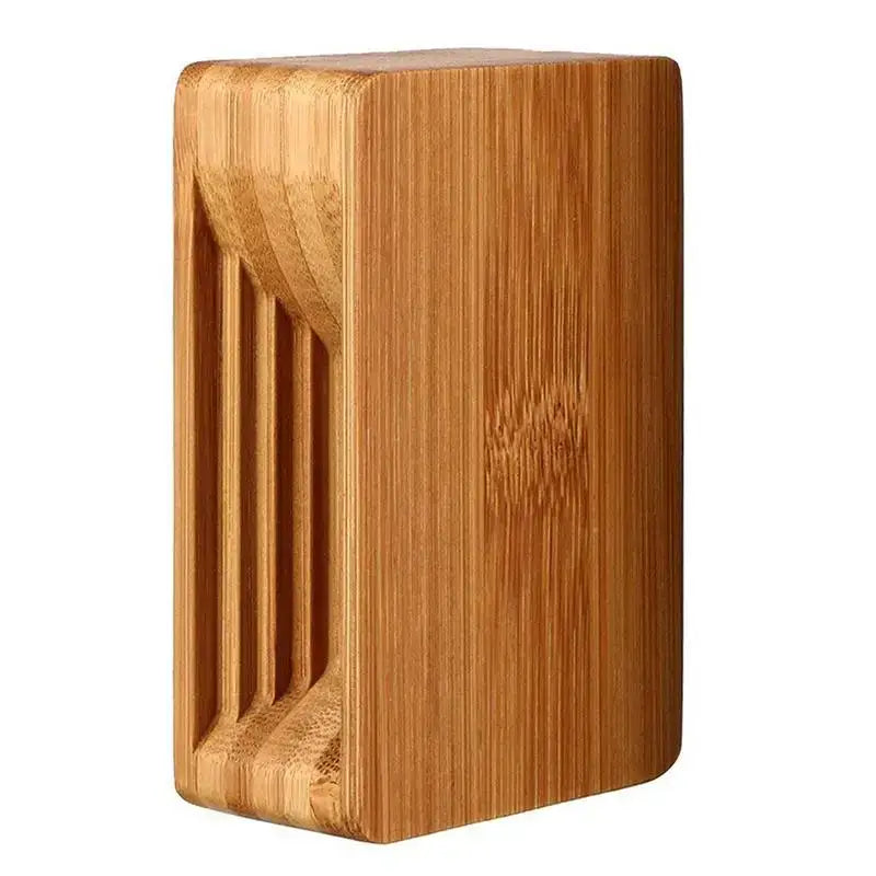 Wooden phone stand and sound amplifier by 9eight5 from Habicare, showcasing a sleek natural wood design with a built-in sound amplifier.