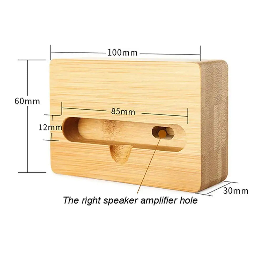Wooden 9eight5 phone stand and sound amplifier by Habicare, showcasing a sleek natural wood design with a built-in sound enhancement feature.
