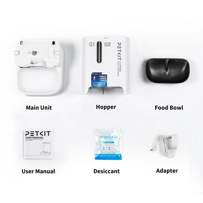 Petkit YumShare Dual-hopper 2 automatic pet feeder with built-in camera, featuring two food compartments and a digital control panel.