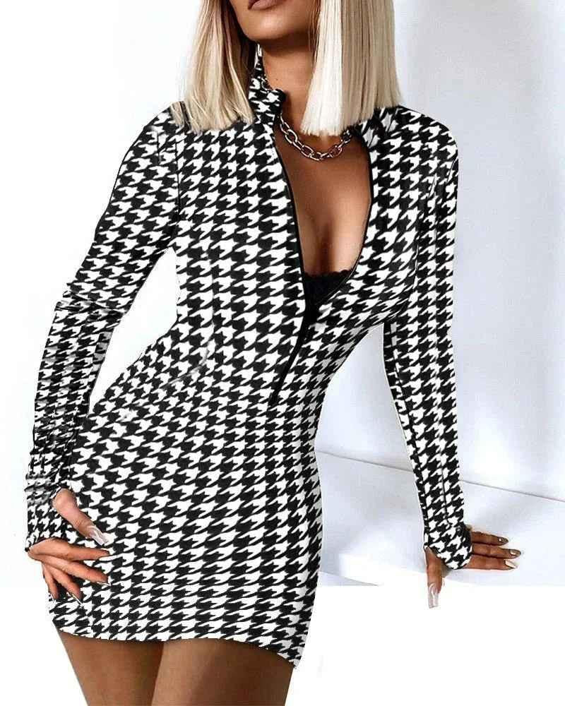 Zipper V-Neck Long Sleeve Bodycon Dress