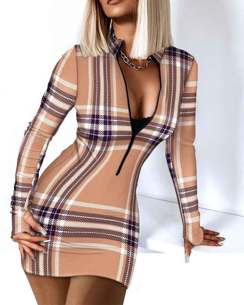 Zipper V-Neck Long Sleeve Bodycon Dress